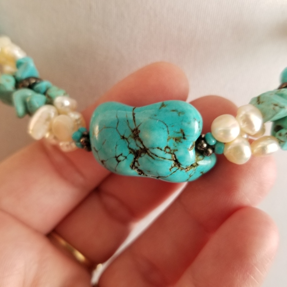 Necklace Southwestern Chunky real pearls and blue stone western style - Picture 10 of 17